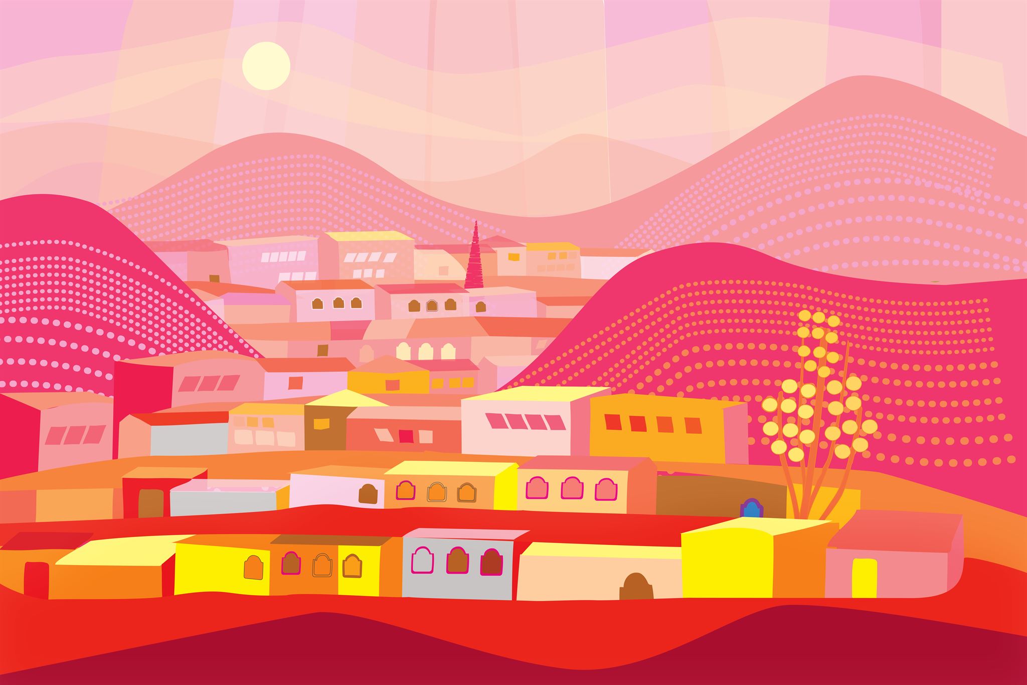 Traditional African village with huts and people