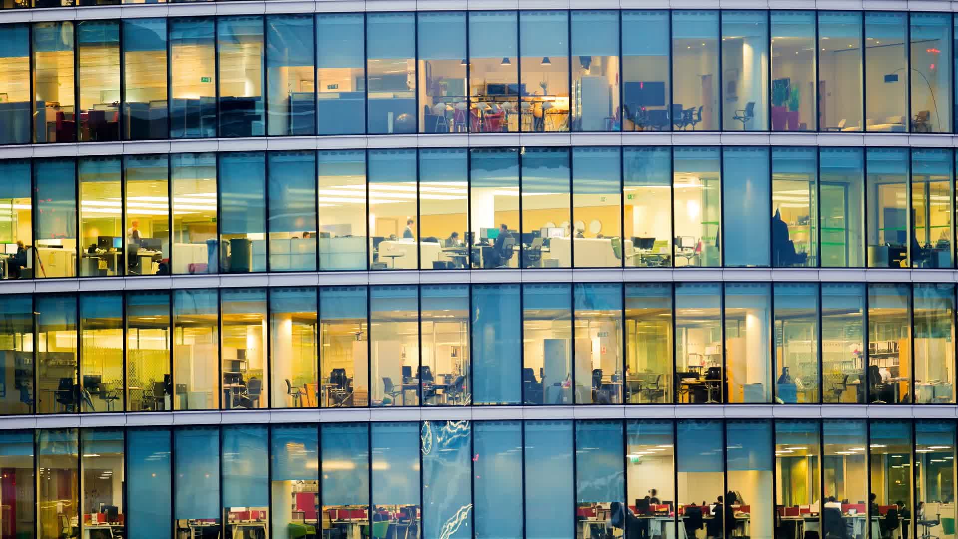 Office building exterior at sunset