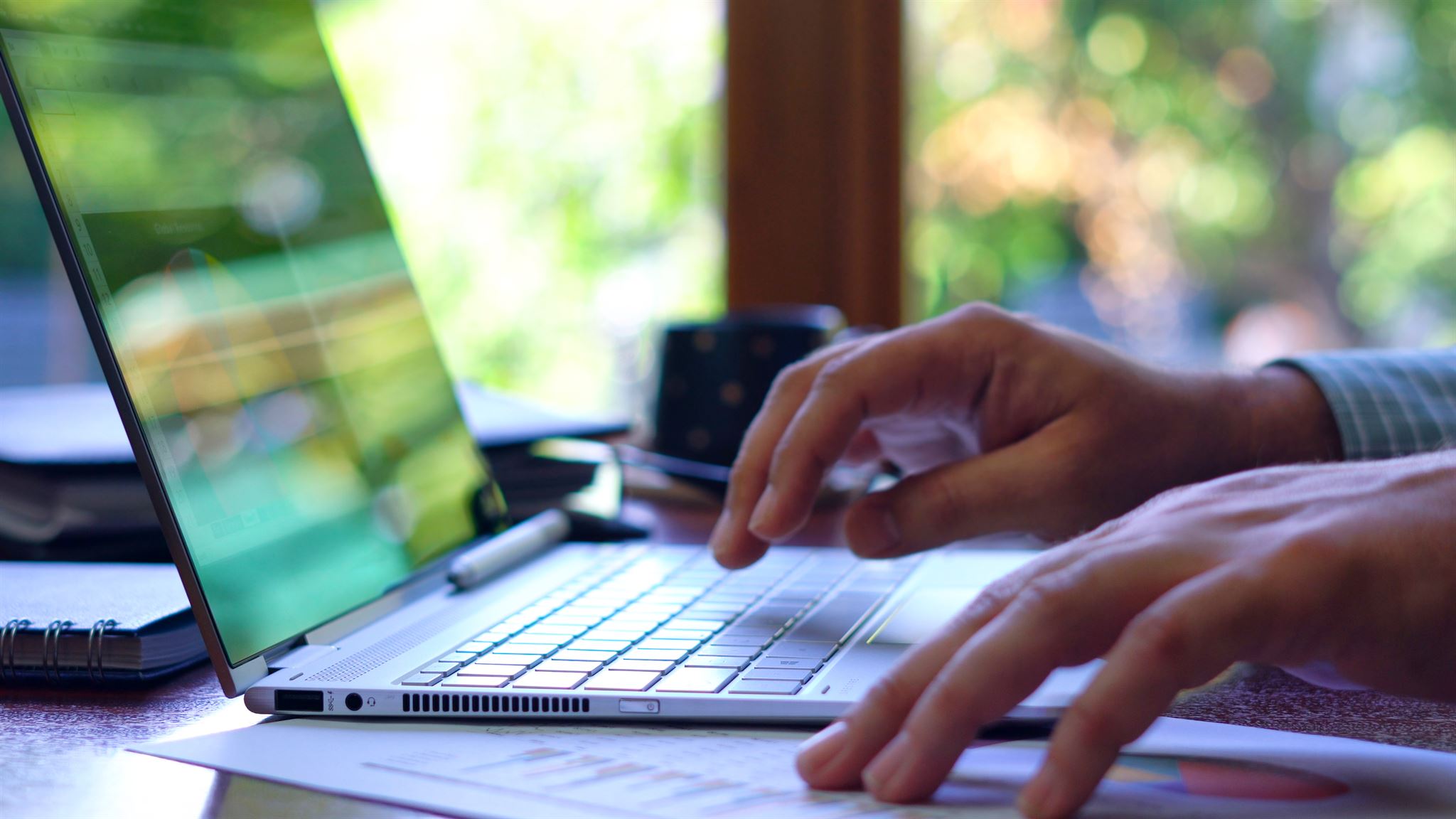 Employee checking payslip on laptop