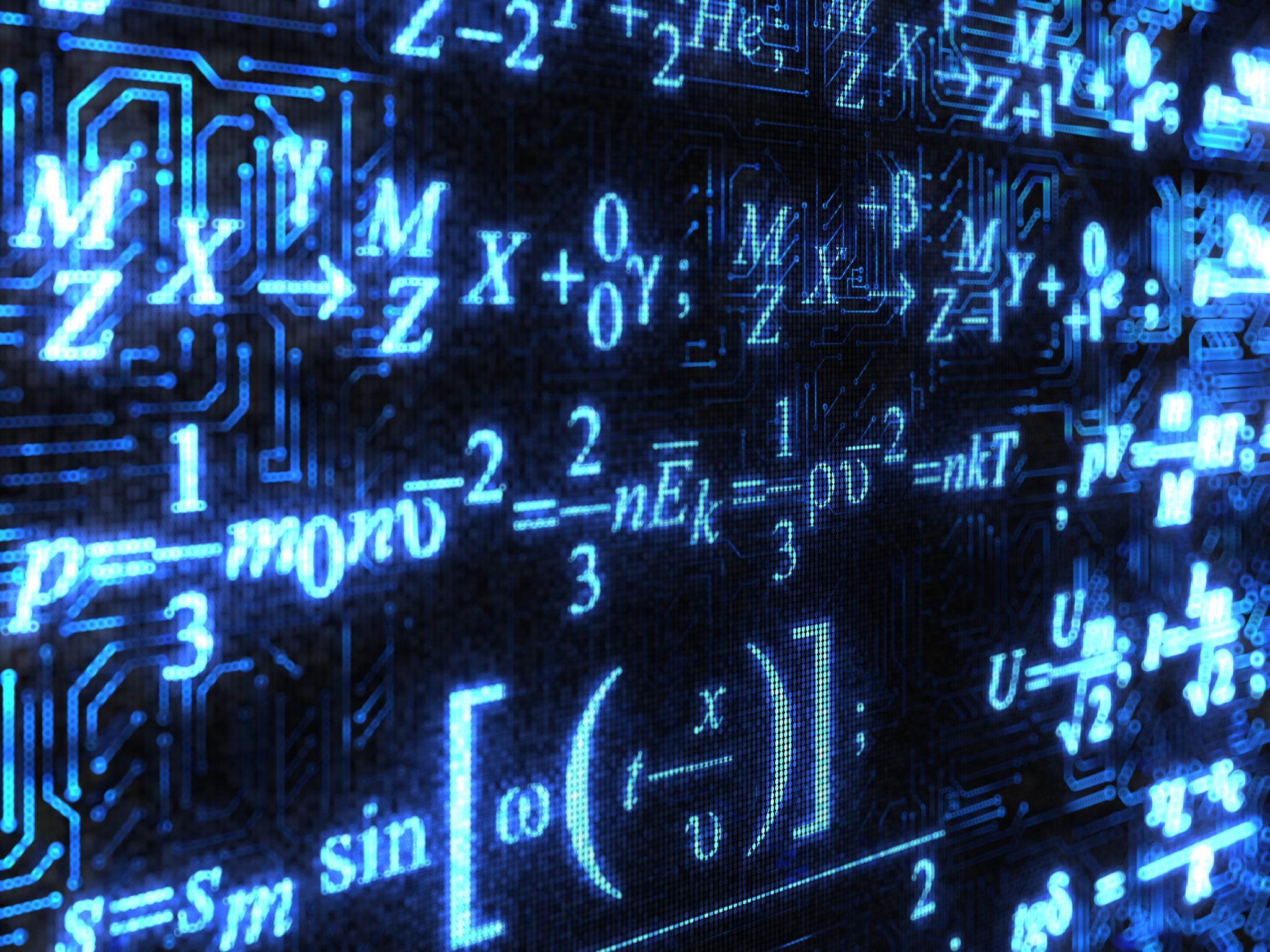 Mathematical formulas glowing on dark background