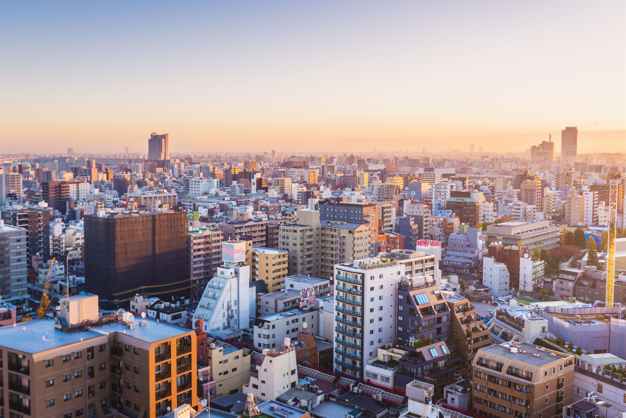 City skyline at sunset